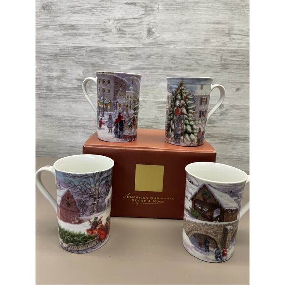 Vtg LENOX for the Holidays Mugs Set Of 4 AMERICAN CHRISTMAS 4 1/2" - Picture 1 of 15